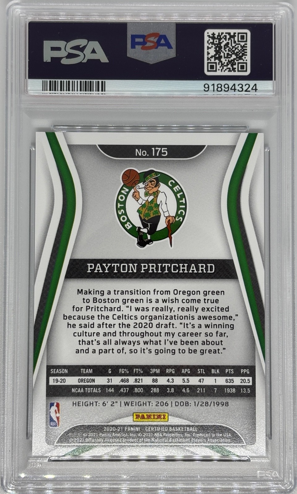 Payton Pritchard 2020-21 Certified Black Mirror #1/1 Rookie Card PSA AUTH view 4