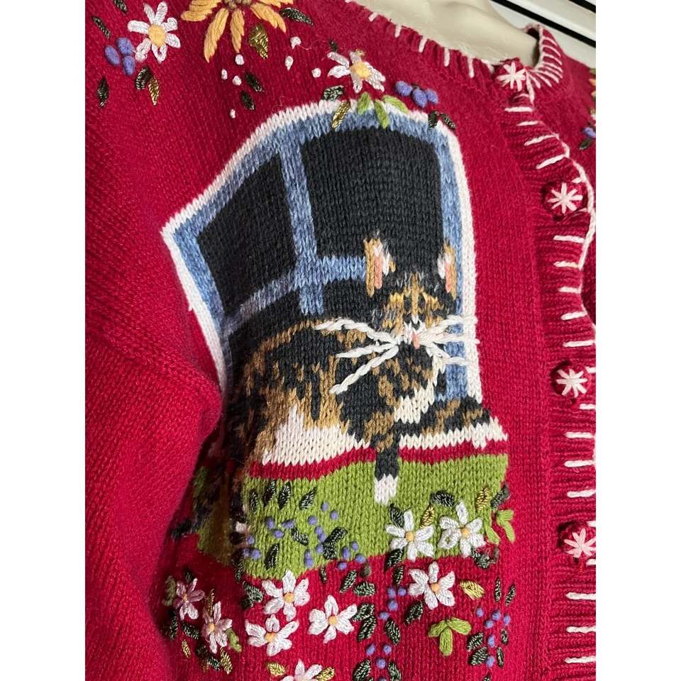 Cardigã suéter bordado vintage herança colecionáveis tricô gato janela cena G - Imagem 3 de 4