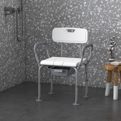 Silla de ducha 3 en 1 con respaldo y brazos altura ajustable cómoda blanca - Imagen 9 de 11