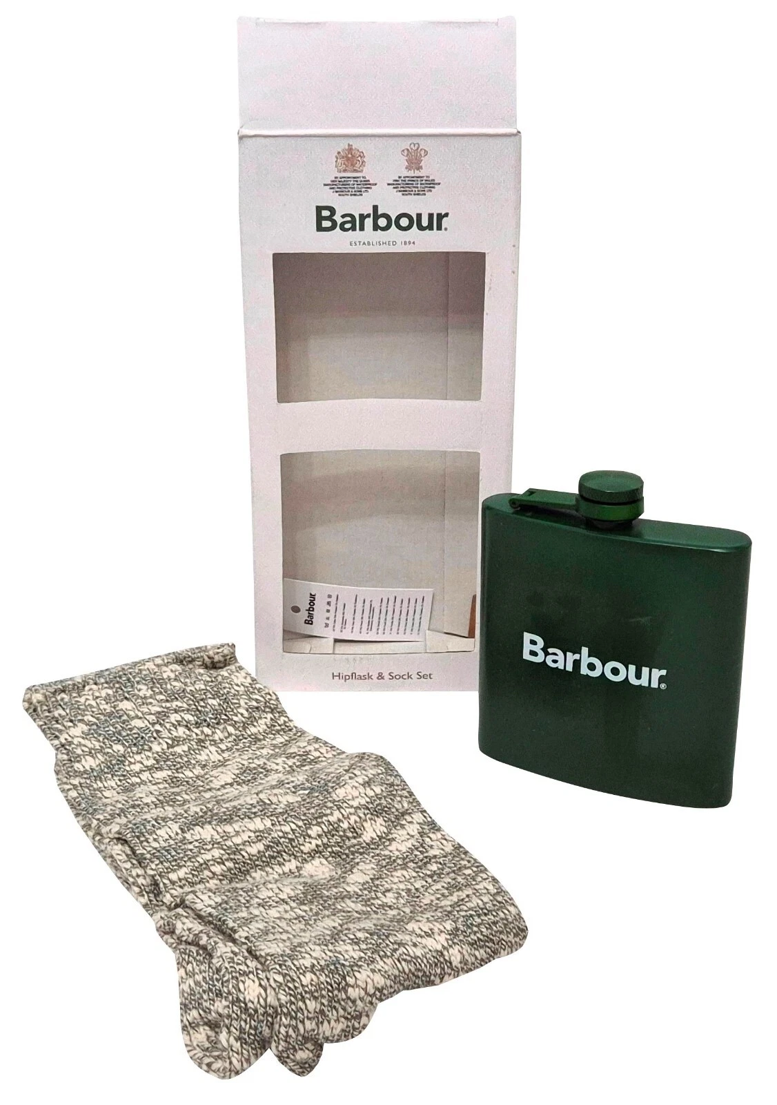 Barbour Mens Sage Green Cream Sock UK 9-12 & Green Metal 9.5 cm Hip Flask