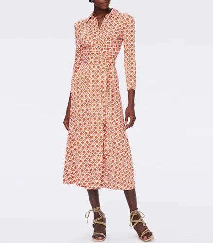 Diane Von Furstenberg 3/4 Sleeve Wrap Dress Collar Midi Dress for Women - Picture 2 of 8