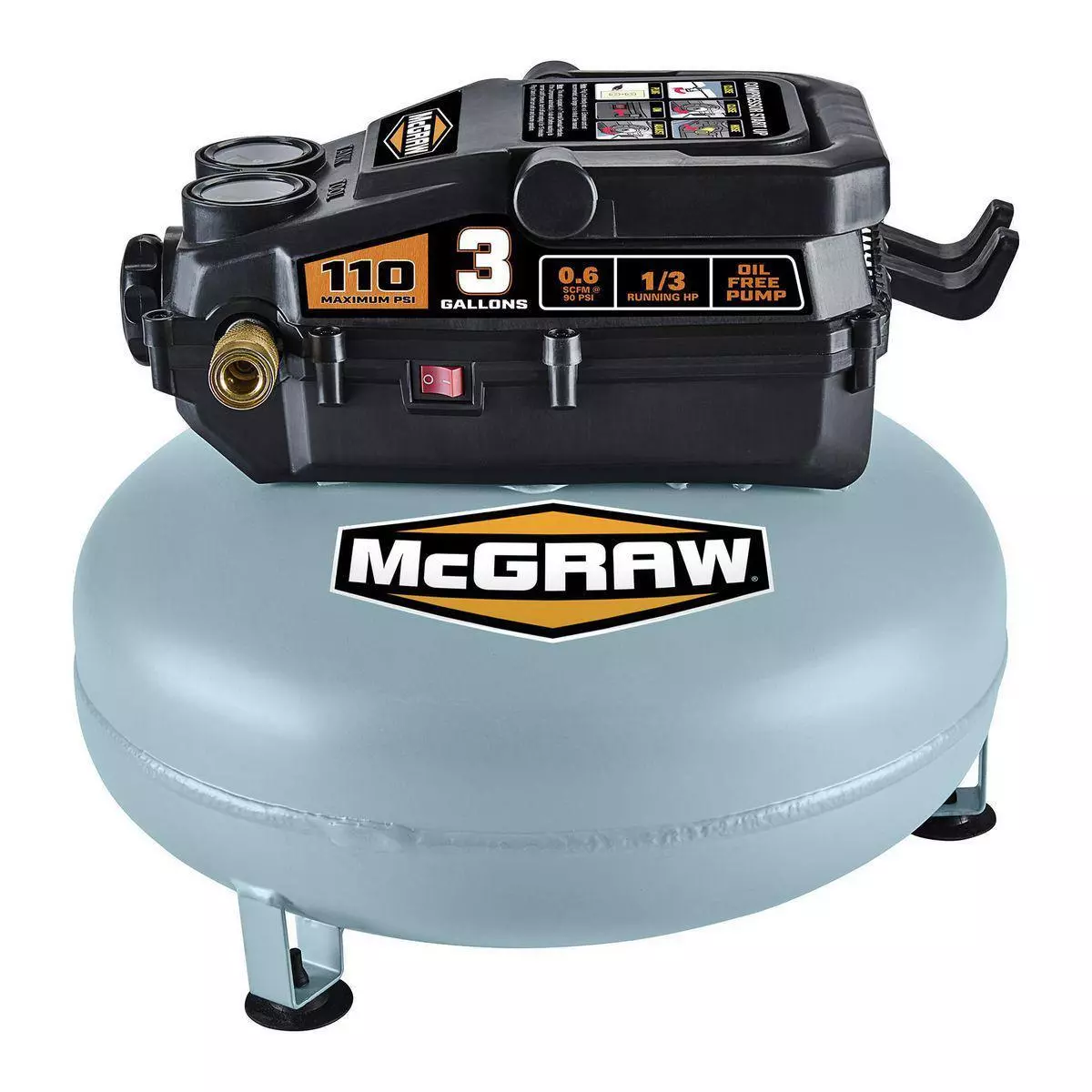 3 Gallon, 1/3 HP, 110 PSI Oil-Free Pancake Air Compressor