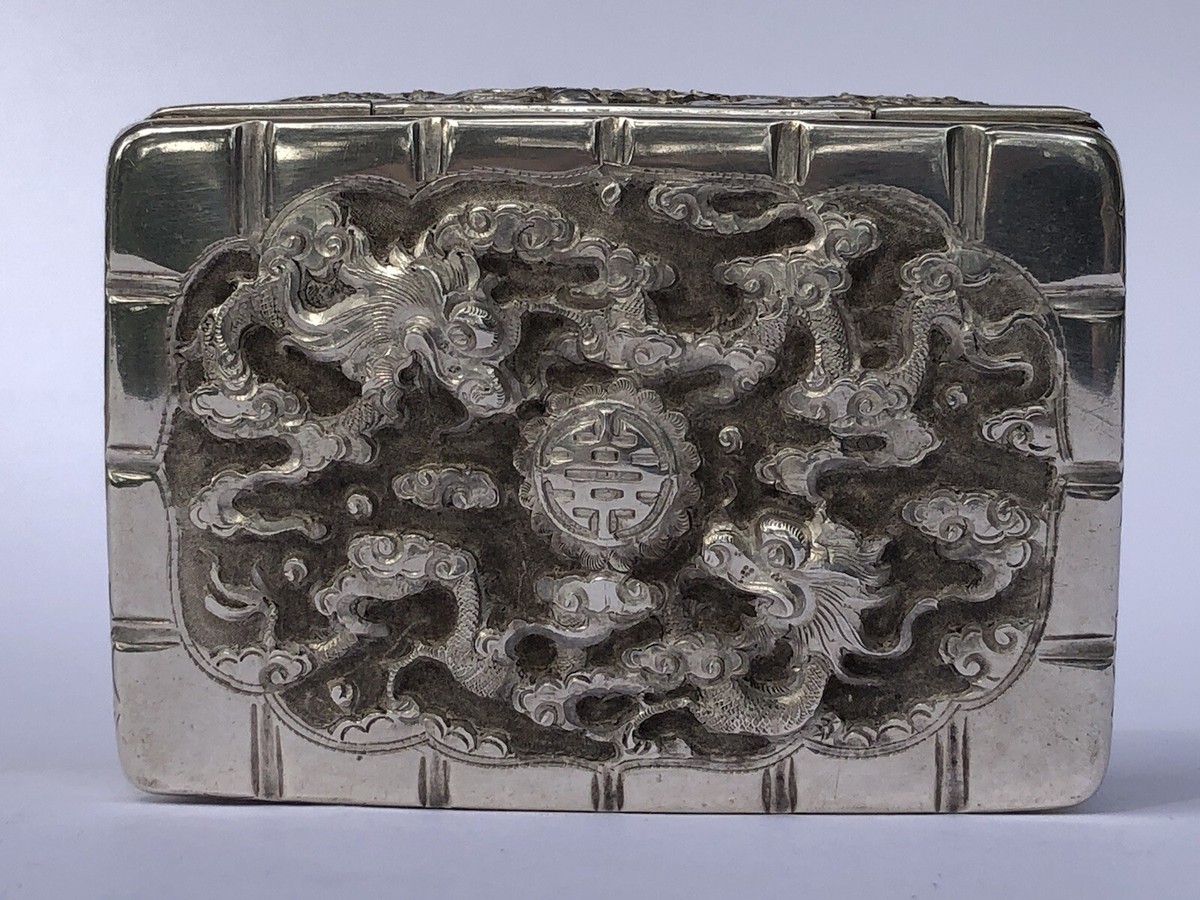 Gourmette Ancienne En Argent 925 - Style Art Déco Japonais Avec Pivoines Et Dragon - Longueur 18 Cm