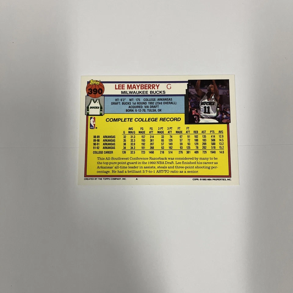 1992 Topps Milwaukee Bucks #390 Lee Mayberry - Image 3 of 3