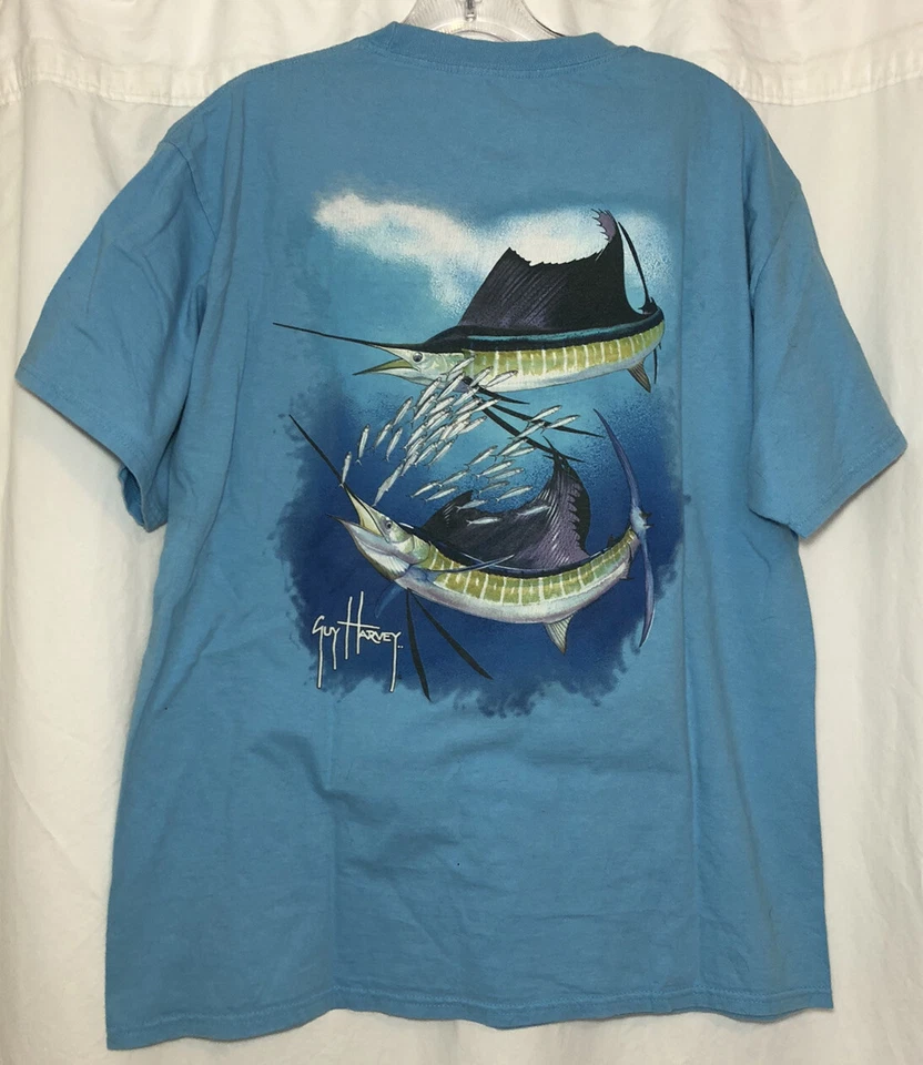 GRANDE Camiseta Guy Harvey Bluewater Doble Pez Vela Navegación Azul Foto 2 de 4