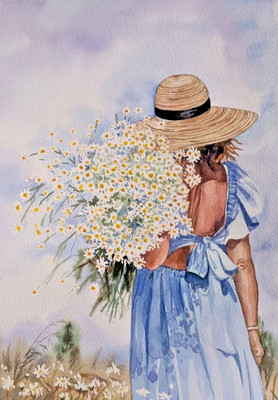 Girl in Blue Watercolor Painting Bouquet of White Flowers Field Daisies A4 Art