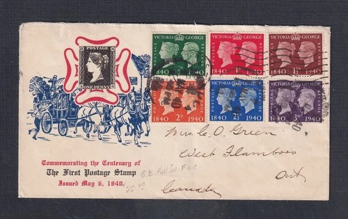 UK 1940 CACHETED ’STAMP CENTENARY’ SET FIRST DAY COVER LONDON TO DUNDAS CANADA