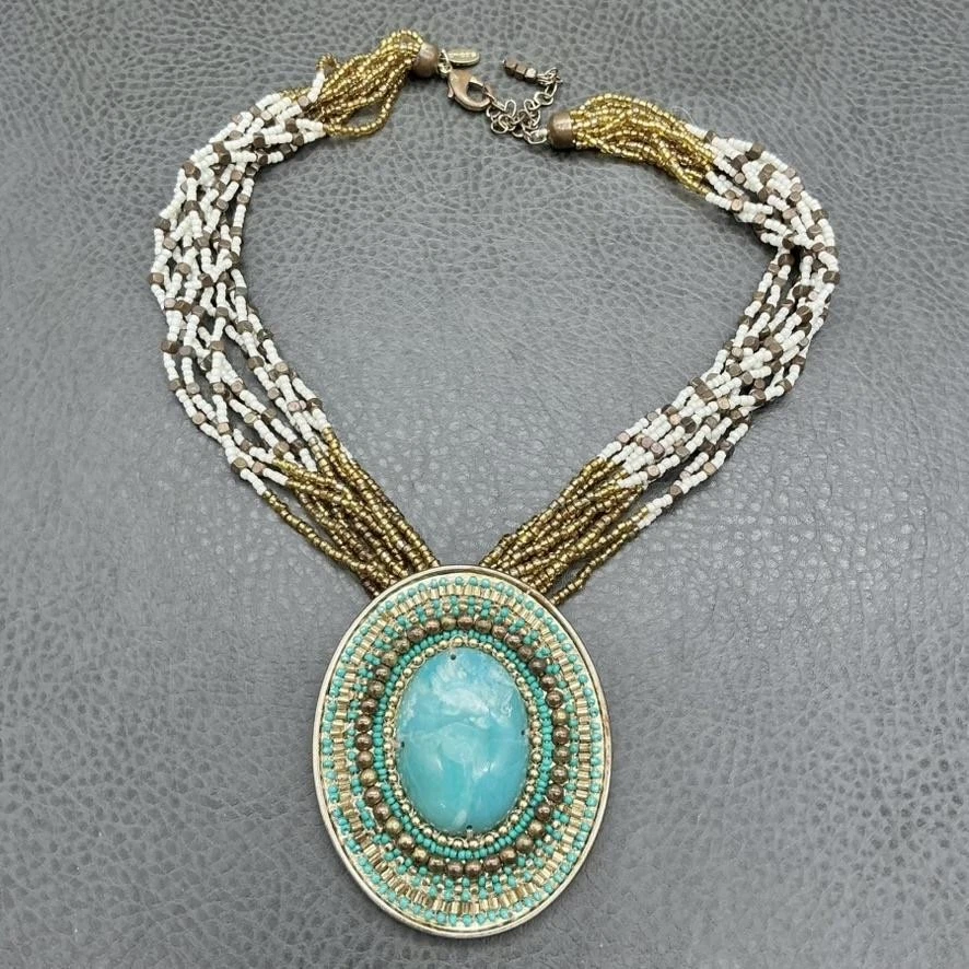 Chico's Multistrand Seed Bead Statement Necklace Turquoise Pendant Gold Tone - Image 2 of 4