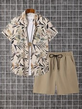 Men's Summer Casual 2pcs Set: Geometric Pattern Button Shirt and Shorts - Breath