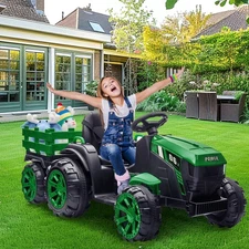 GARVEE 12V Electric Ride-On Tractor for Kids – LED Lights, Music, Trailer,Green