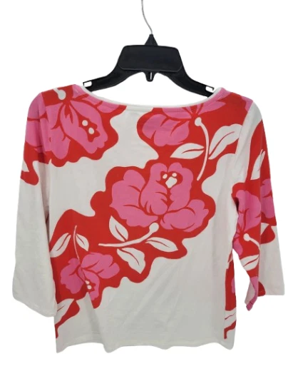 Talbots Top Womens Large Petite Pink Red White Hawaiian Floral 3/4 Artsy - Image 2 of 4