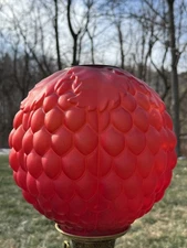 ANTIQUE RED SATIN EMBOSSED GLASS ARTICHOKE STYLE SHADE GWTW OIL LAMP GLOBE ONLY