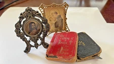 Antique French St Therese of Lisieux metal easel frame with tiny bible and more