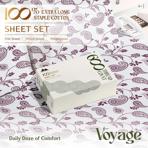 100% Egyptian Cotton Printed Bed Sheets - 600 Thread Count 4 PC Queen Sheet Set, - Picture 4 of 9