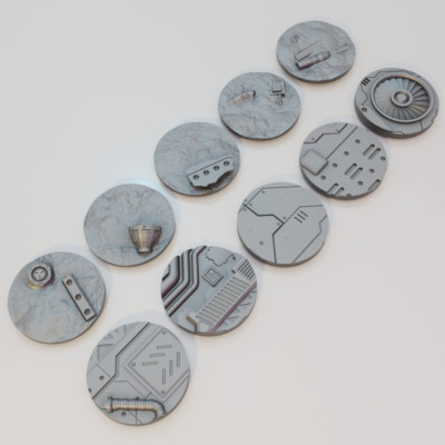10 x 50 mm Sci-Fi Industrial Round Bases Miniatures - 3d Printed Base Toppers