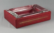 Vtg MCM Red Leather Ashtray Gold Greek Key