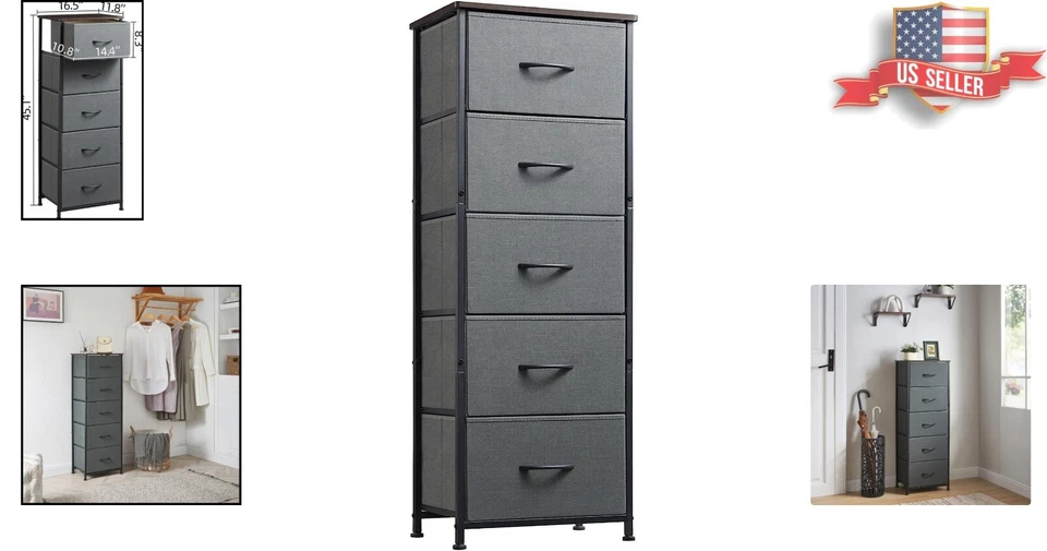 Cômoda alta com 5 gavetas - Baú de armazenamento leve - Cinza carvão/escuro - Imagem 2 de 4