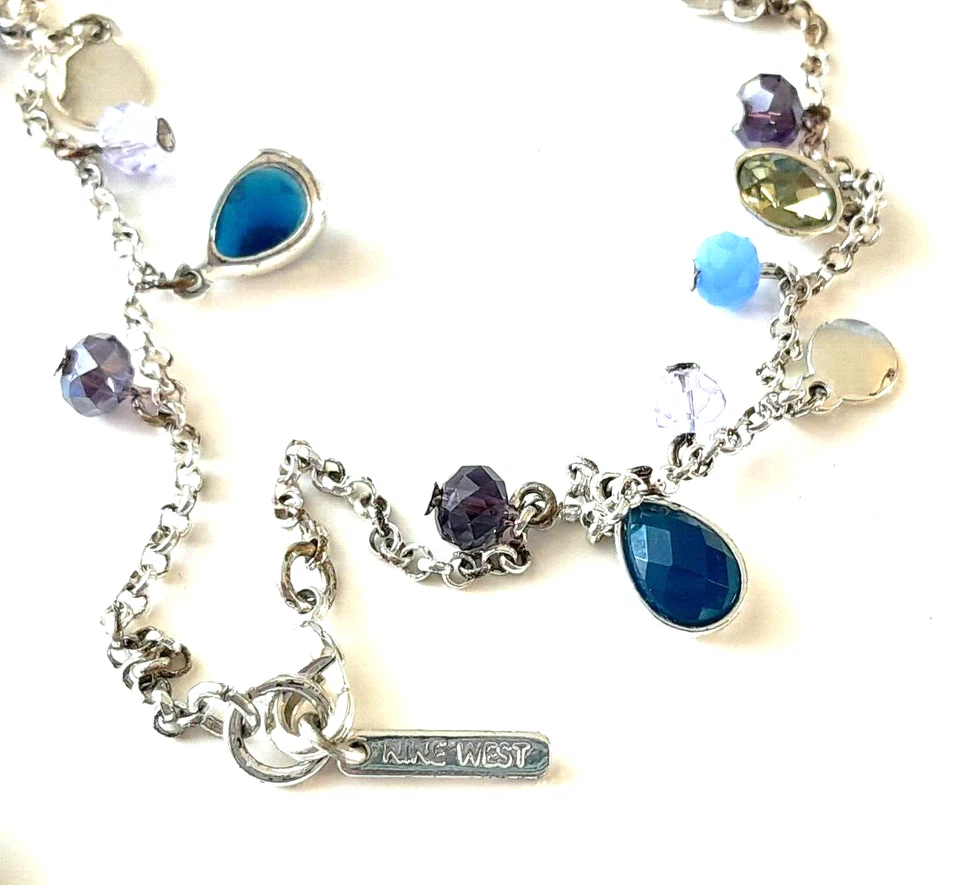 Collar largo vintage Nine West tono plata 42" con cristales azules, morados, verdes Foto 4 de 4