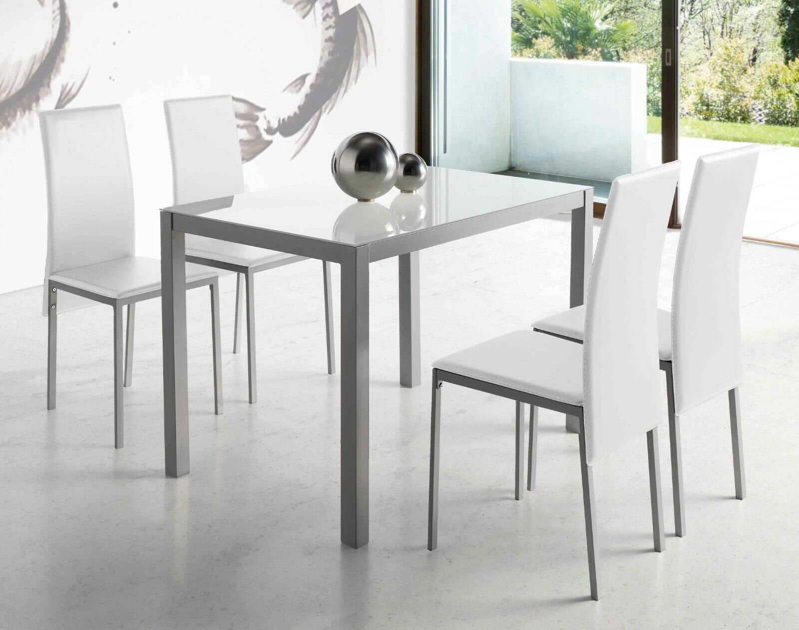 Pack mesa cristal blanco + 4 sillas polipiel Saona Blanco moderno comedor...