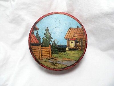 Vintage Russian Round Wooden Box - Dacha Scene