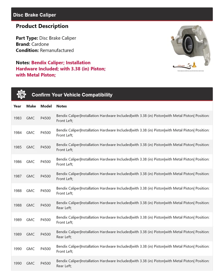 Pinza de freno de disco Cardone para GMC P4500 1983-1990 1984 1985 1986 1987 1988 1989 Foto 2 de 4