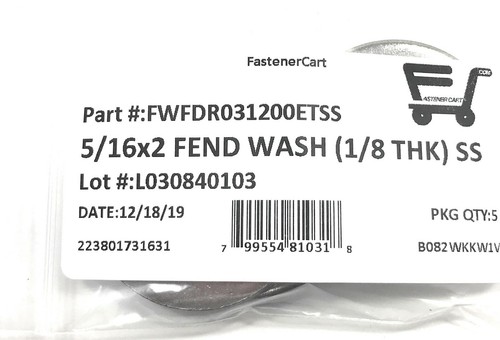 (5) 5/16 ID x 2 OD Stainless Steel Fender Washer Large OD (Extra Thick 1/8") - Picture 3 of 5