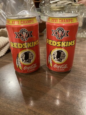 TWO EMPTY VINTAGE WASHINGTON REDSKINS SUPER BOWL XXVI CHAMPS 12 OZ COKE ...