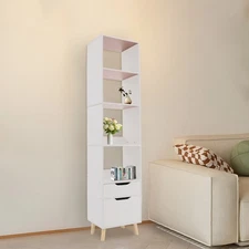 Standing Storage Shelf, Freestanding Storage Rack, Tall Open Bookshelf w/ Drawer