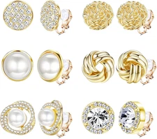 6 Pairs Clip On Earrings Cubic Zirconia Pearl Knot Twist Clip On Earrings Non Pi