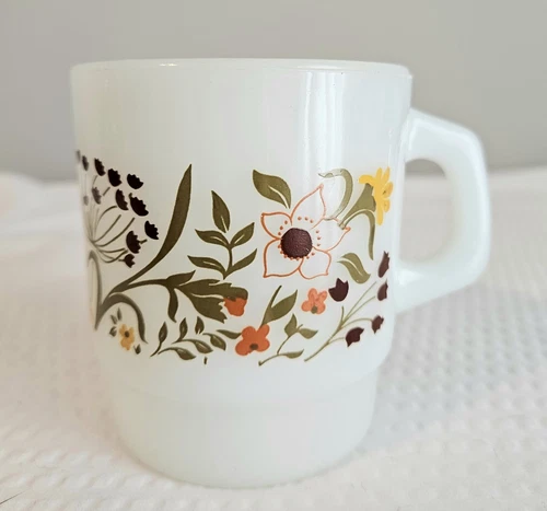 Anchor Hocking 8 Oz. Flower Garden Stacking Mug Milk Glass Made In USA Vintage