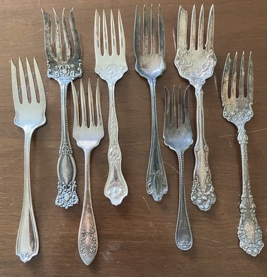 Vintage Silverplate Cold Meat Fork lot of 8.  Rogers, Reed Barton, Williams, etc