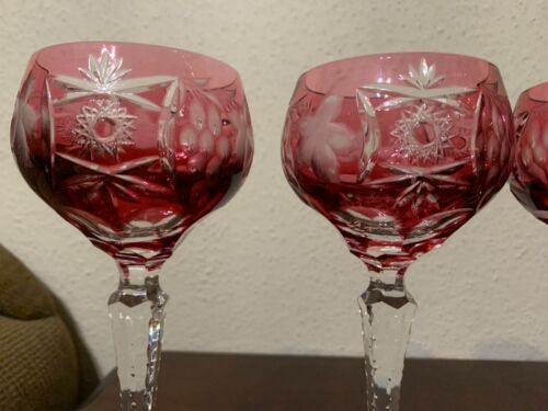 Nachtmann Crystal Cranberry Wine Glasses Cut To Clear 8 1/4" Set Of 5 Germany - Picture 2 of 24