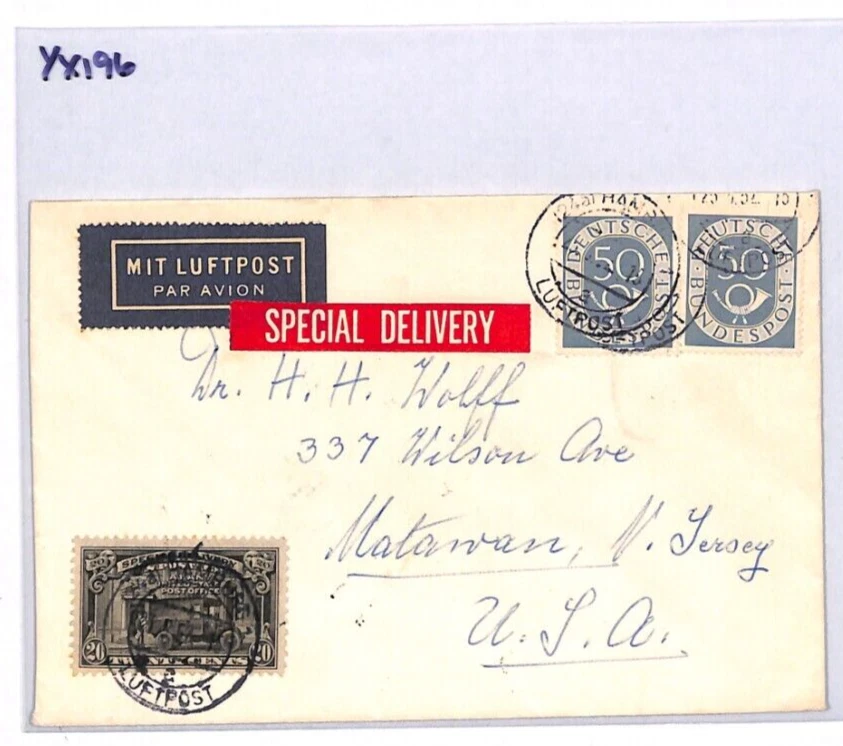 USA 20c *SPECIAL DELIVERY* Cover 1952 GERMANY 1m Rate Air Mail Matawan NJ YX196 - Image 4 of 4