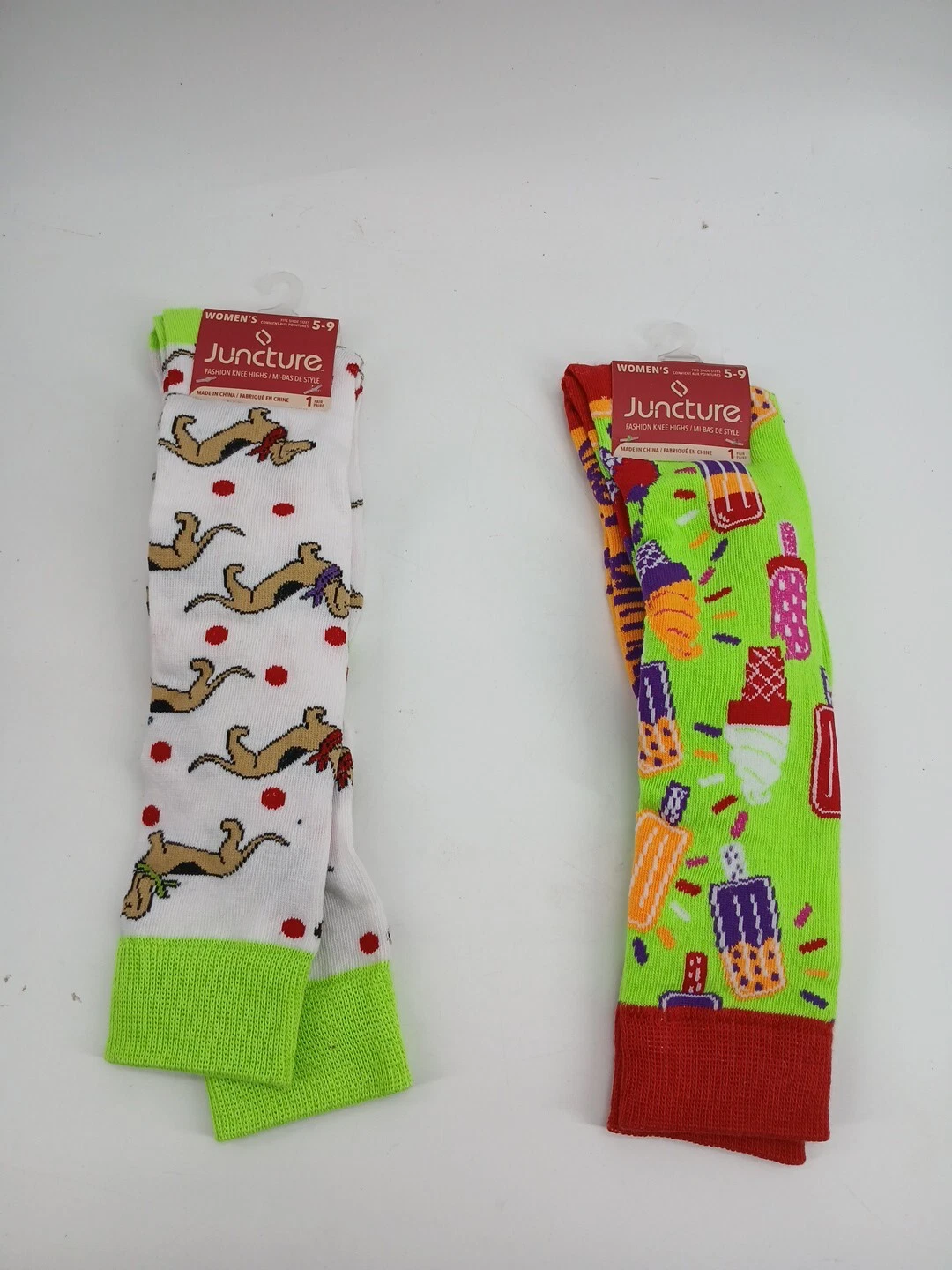 (Lot Of 2) Women's Juncture Fashion Knee High Socks Ice Cream Dog W/ Bandana