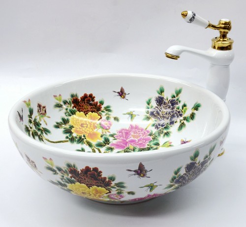 Lavabo lavabo lavabo de cerámica mariposa redondo para baño recipiente floral - Imagen 10 de 10