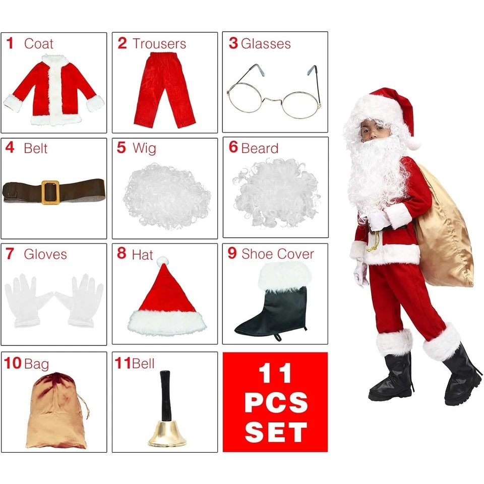 11 Pcs Kids Santa Costume Deluxe Kids Santa Suit Toddler Santa Claus Costume - Image 2 of 4