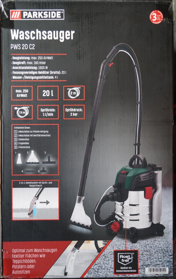 Parkside Waschsauger Teppichreiniger Mehrzweck Nasssauger Polster Nassreiniger