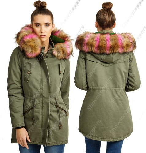 NEW Womens Oversized Hood Blue Fur Parka Coat Ladies Khaki Jacket Size 8 to 22 - Afbeelding 1 van 8