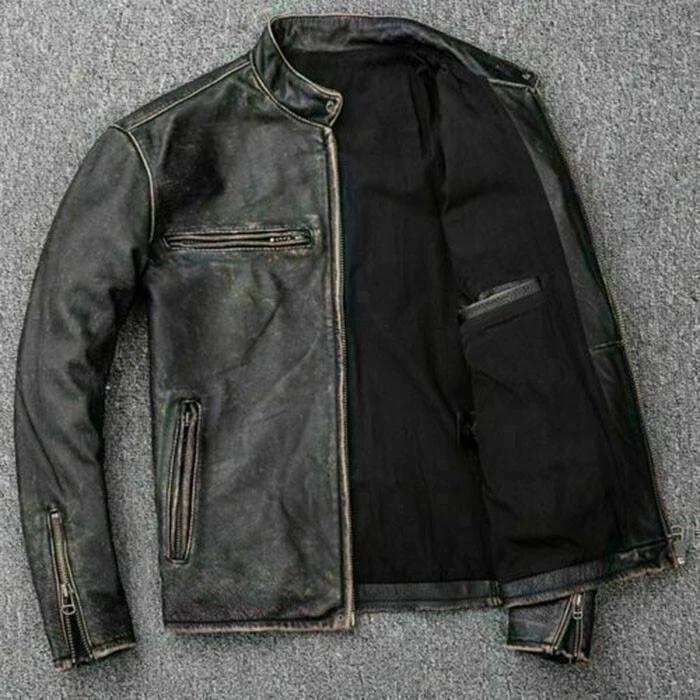 New Men’s Motorcycle Biker Vintage Distressed Black Faded Real Leather Jacket Foto 3 de 3