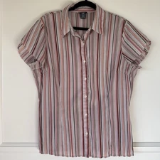 East 5th Blouse Women's Size XL Peach Pink Brown Striped Button Down Shirt