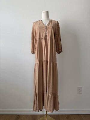 ZARA Neutral Tiered Midi Dress Linen Blend Basic Minimalist Size S Puff Sleeve
