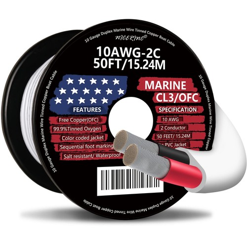10 Gauge Duplex Marine Wire Tinned Copper Boat Cable, 50ft 10 AWG Standard US...