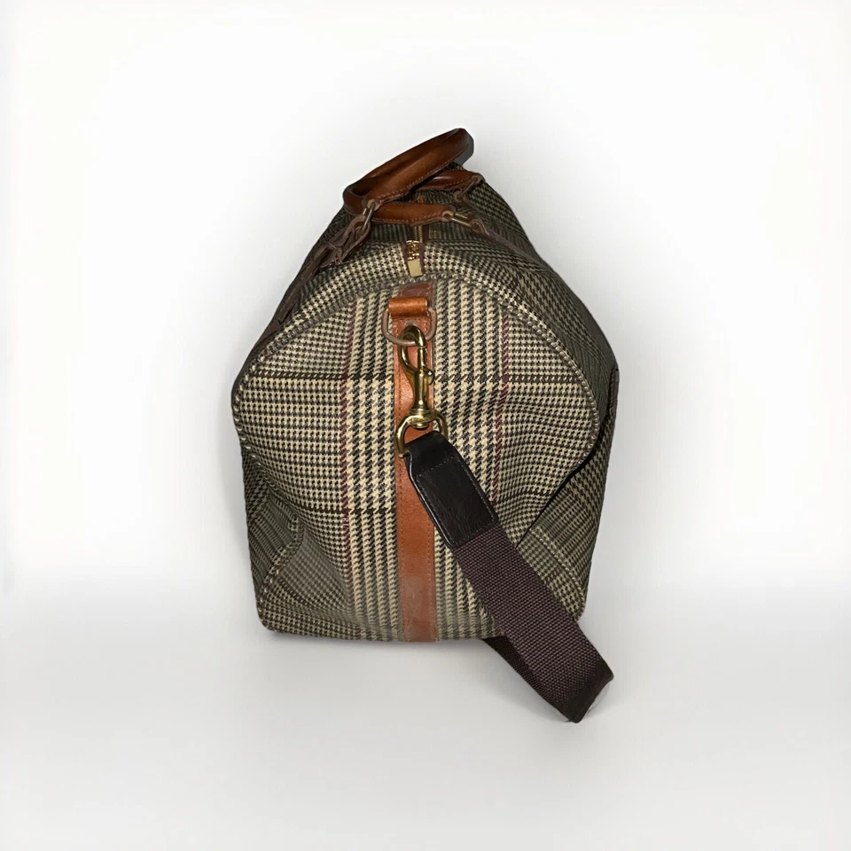 Polo Ralph Lauren Houndstooth Duffel Weekender Travel Bag Vintage Leather/Canvas - Image 4 of 4