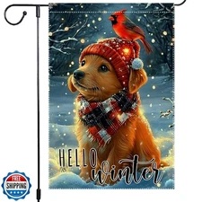 12x18 Inch Double Sided Burlap Garden Flag Winter Puppy with Red 