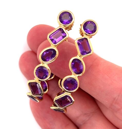 Amethyst Oval Bezel Set 18k Yellow Gold Inside Out Hoop Earrings - Picture 2 of 9