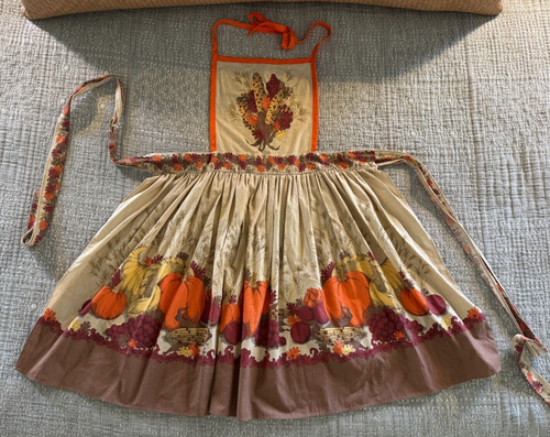 Vintage Apron Bib Thanksgiving Autumn Halloween Pumpkins EUC Cotton Orange Brown