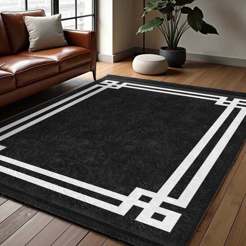 Black Geometric Framed Area Rug-White Double Border Mat-Elegant Livingroom Carpe - Picture 8 of 9