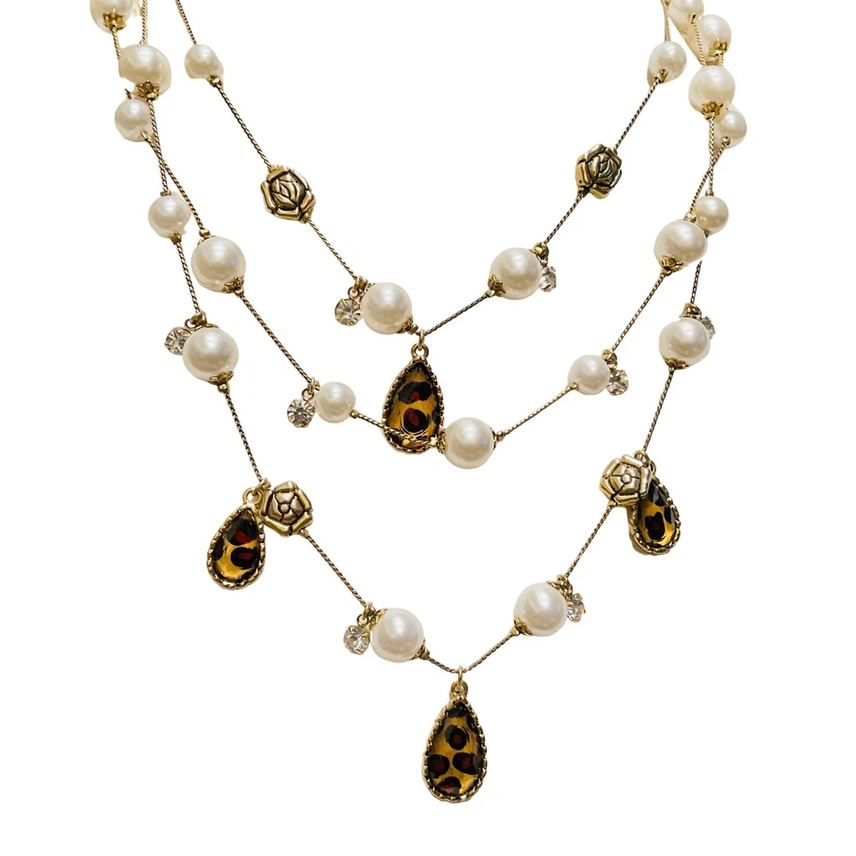 Collar Betsey Johnson Multi Hilos Imitación Perla Leopardo Rosa Declaración Tono Dorado