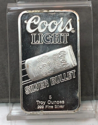 Vintage 5oz Sunshine Mining ~ Coors Light Silver Bullet ~ 5oz 999 Silver Bar - Afbeelding 1 van 4