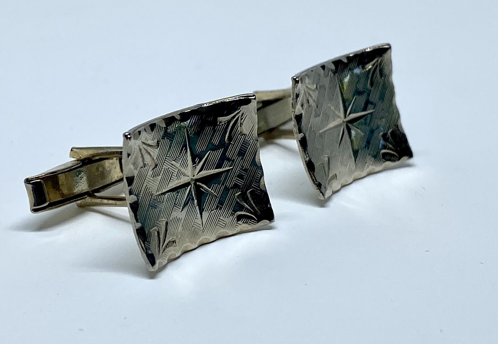 Curved Rectangular Silvertone Cufflinks w/ Dazzli… - image 4